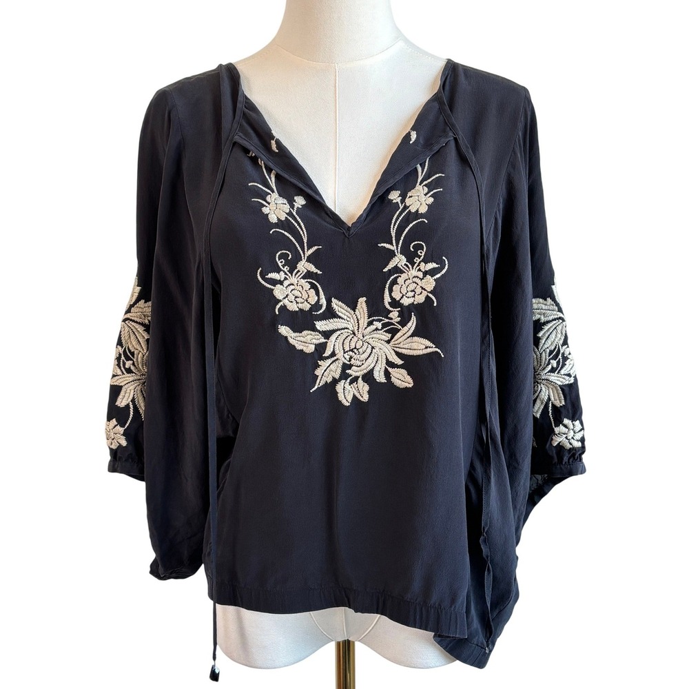 Fifteen Twenty Black Silk Embroidered Blouse Women's Large‎ Floral Boho